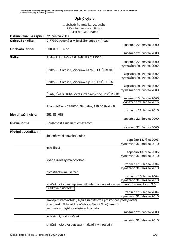 捷克共和国 Trade Register Extract 真实模板高清扫描件下载