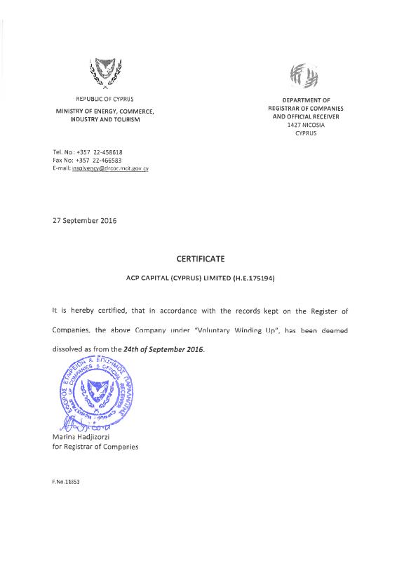 塞浦路斯 Certificate of Dissolution 文件原件PDF样本下载 高清原件/PDF/PSD下载 - 地址证明风控解除