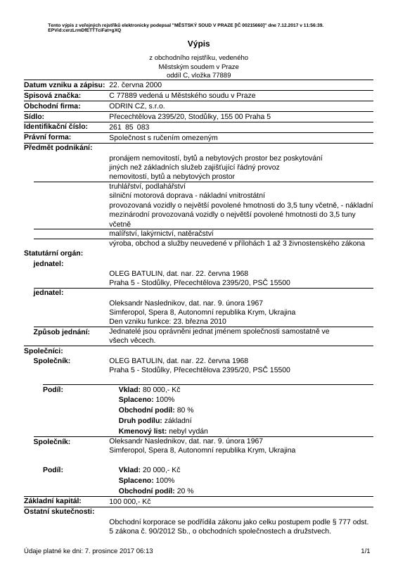 捷克共和国 Trade Register Extract 文件原件PDF样本下载