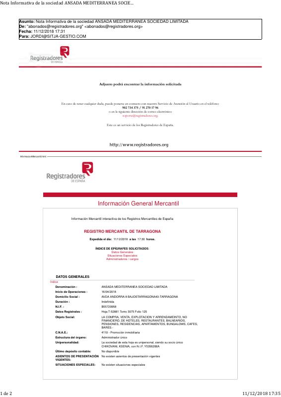 西班牙 ANSADA MEDITERRANEA SOCIEDAD LIMITADA 贸易登记提取文件 高清PDF原件下载
