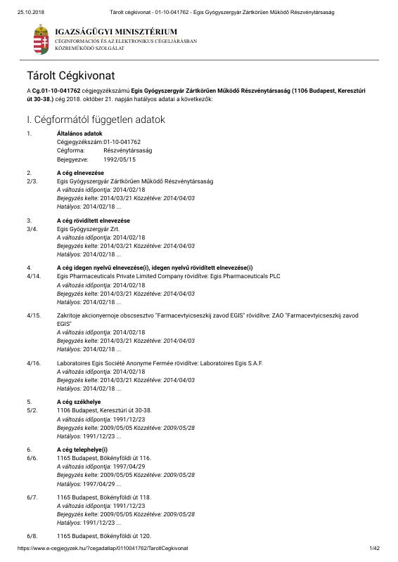 匈牙利 Egis Gyógyszergyár Zártkörűen Működő Részvénytársaság 贸易登记提取文件 高清PDF原件下载