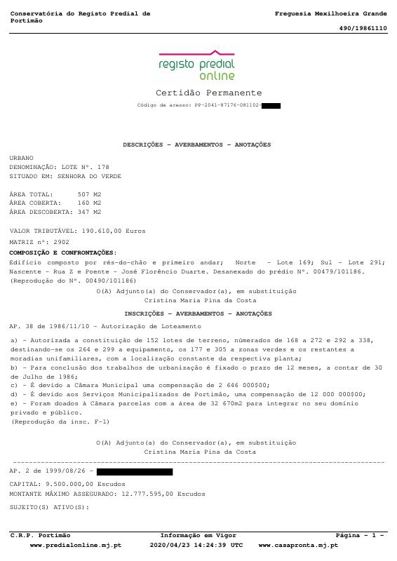 葡萄牙 Portugal 土地登记提取文件 Land Register Extract 高清PDF原件下载