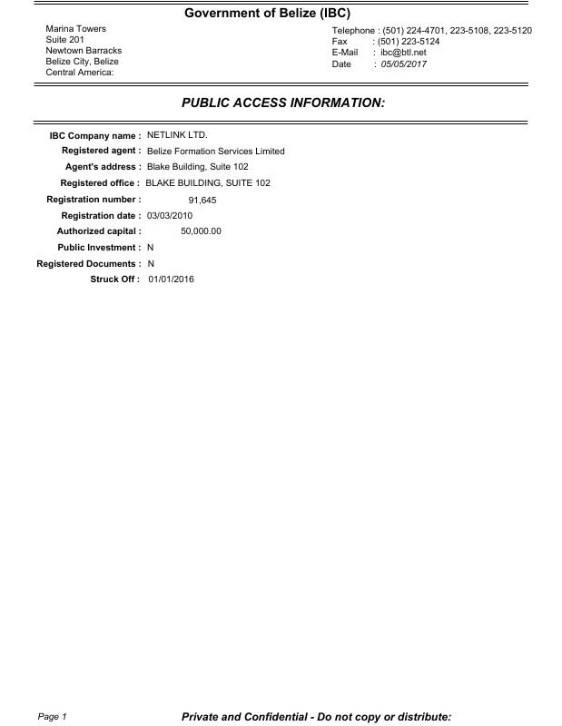 伯利兹 NETLINK LTD. 公司注册信息报告 PDF高清扫描件 高清原件/PDF/PSD下载 - 地址证明风控解除