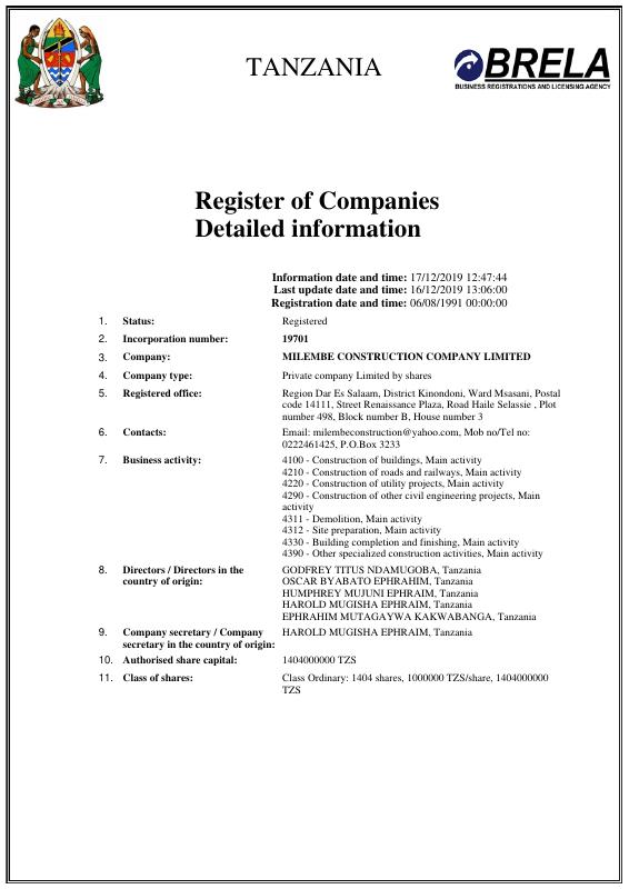 坦桑尼亚 Trade Register Extract 原件PDF样本下载 高清原件/PDF/PSD下载 - 地址证明风控解除