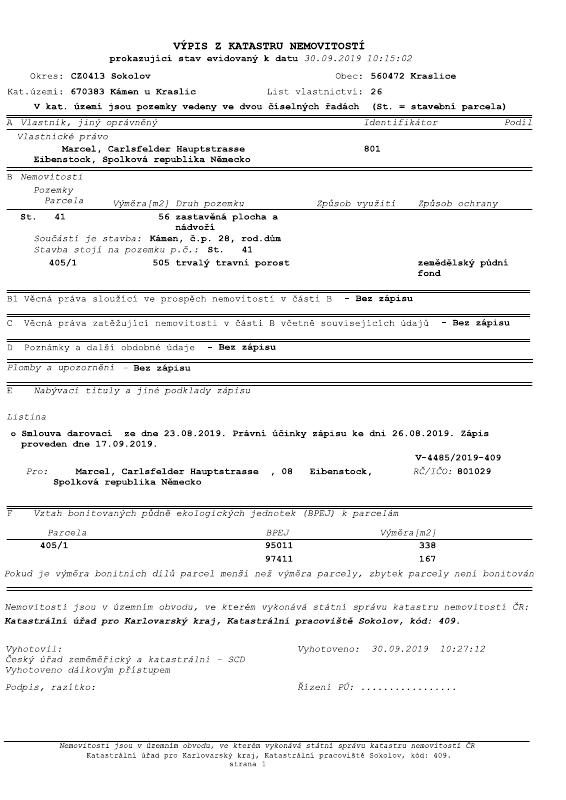 捷克共和国土地登记提取文件 – CZ_VYPIS_Z_KATASTRU_NEMOVITOSTI PDF原件高清扫描件