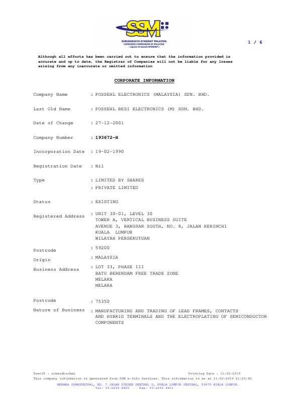 马来西亚 POSSEHL ELECTRONICS (MALAYSIA) SDN. BHD. 公司注册信息原件PDF样本下载