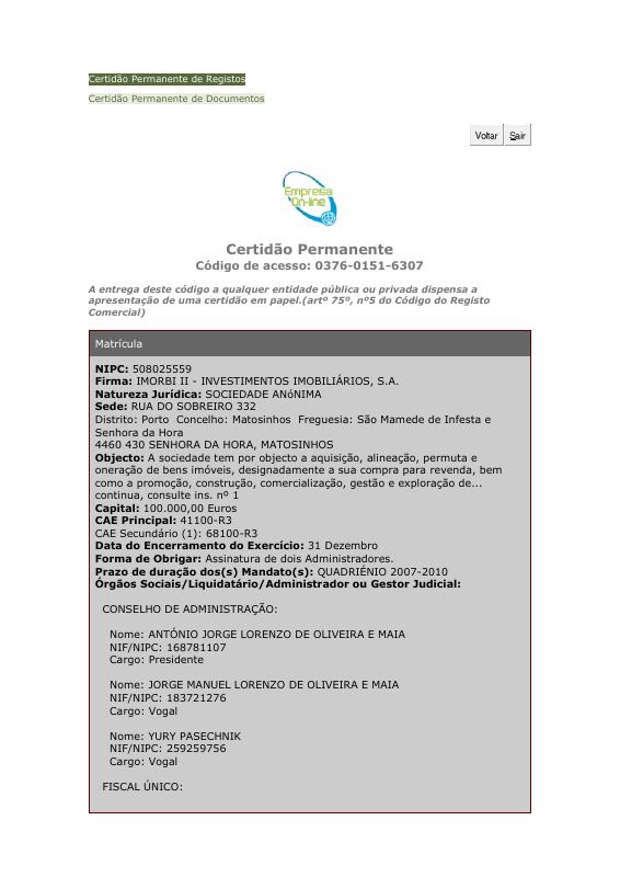 葡萄牙 Trade Register Extract 原件PDF样本下载