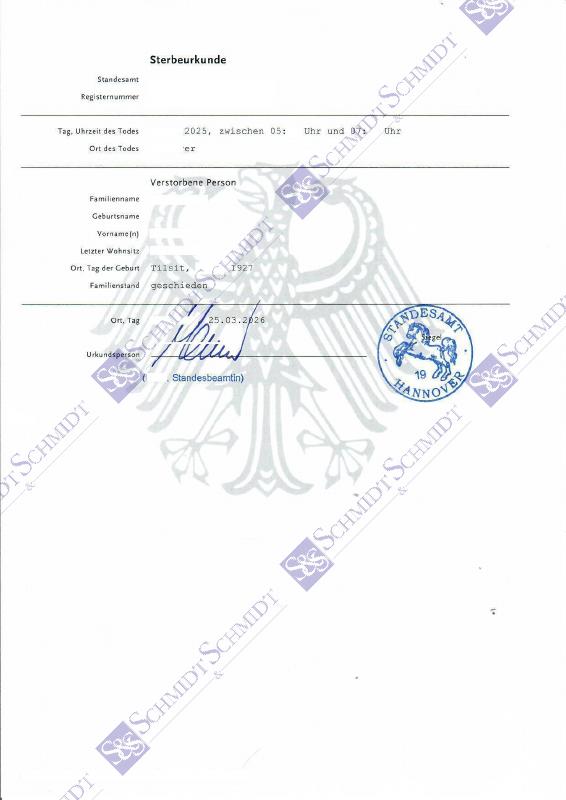 德国 Death Certificate 死亡证明 原件PDF样本 高清原件/PDF/PSD下载 - 地址证明风控解除