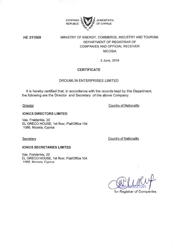 塞浦路斯 Certificate of Directors and Secretary 文件原件PDF样本 高清原件/PDF/PSD下载 - 地址证明风控解除