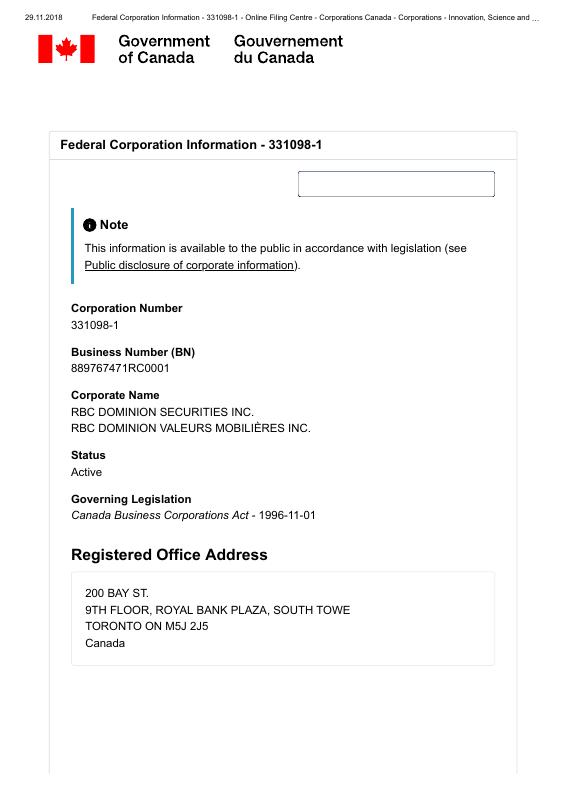加拿大 Canada RBC DOMINION SECURITIES INC. 企业注册提取文件 高清PDF原件下载