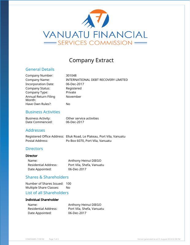 瓦努阿图 Vanuatu 公司注册提取文件 – 高清PDF原件下载