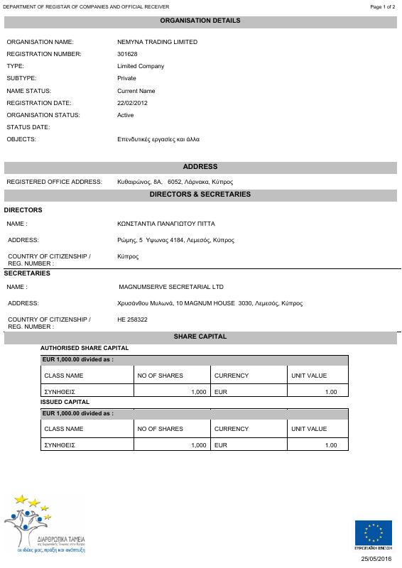 塞浦路斯 NEMYNA TRADING LIMITED 公司注册信息 PDF高清扫描件 高清原件/PDF/PSD下载 - 地址证明风控解除