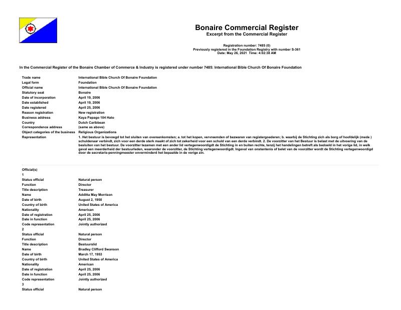 博奈尔 Bonaire 商业登记摘录 PDF原件高清扫描件 高清原件/PDF/PSD下载 - 地址证明风控解除