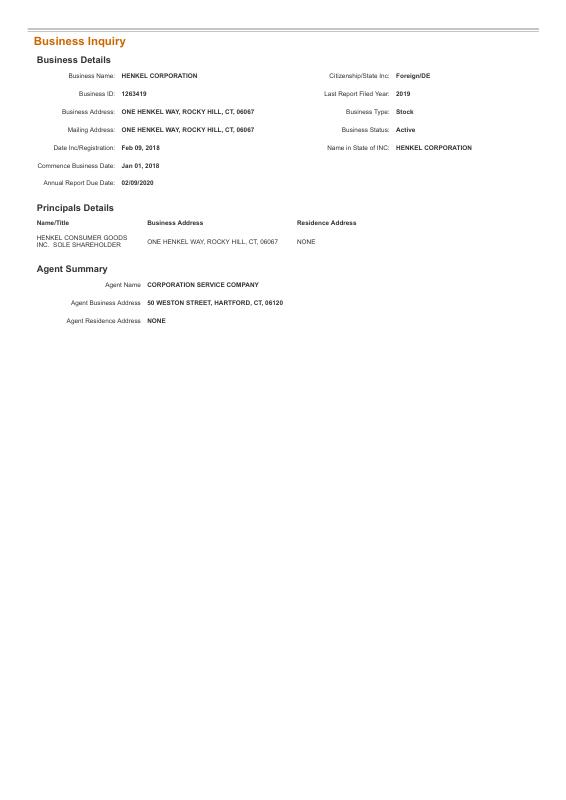 美国 HENKEL CORPORATION 贸易注册提取文件 高清PDF原件下载 高清原件/PDF/PSD下载 - 地址证明风控解除
