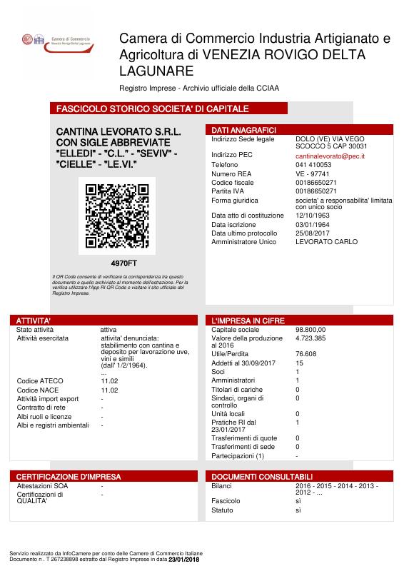 意大利 Cantina Levorato S.R.L. 贸易登记提取文件 高清PDF原件下载 高清原件/PDF/PSD下载 - 地址证明风控解除