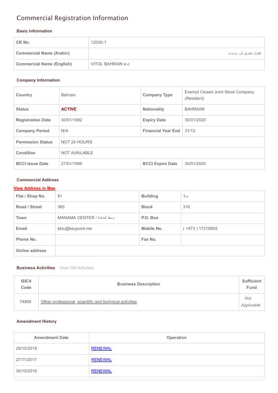 巴林 VITOL BAHRAIN e.c 公司注册信息原件PDF样本下载 高清原件/PDF/PSD下载 - 地址证明风控解除