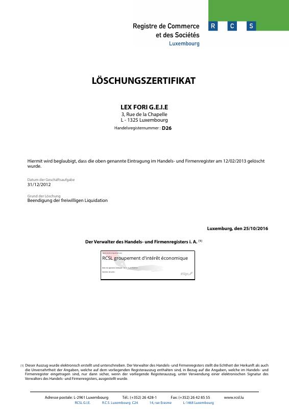 卢森堡 LÖSCHUNGSZERTIFIKAT 文件下载 | 高清PDF原件样本