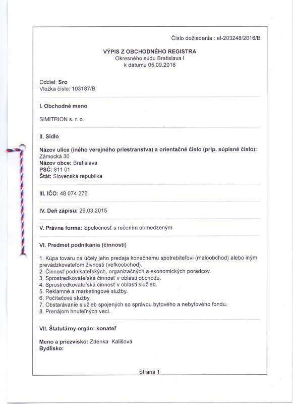 斯洛伐克 Trade Register Extract 文件原件PDF样本下载 高清原件/PDF/PSD下载 - 地址证明风控解除
