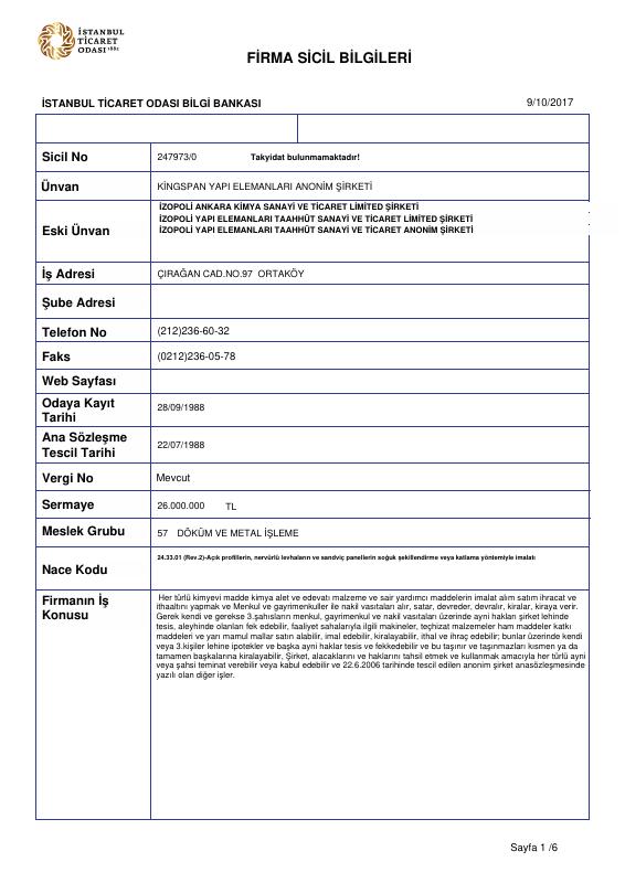 土耳其 Trade Register Extract 文件原件PDF样本下载