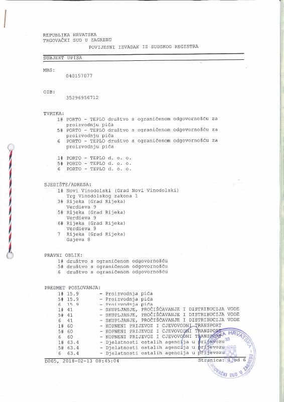 克罗地亚 Trade Register Extract 文件原件PDF样本下载 高清原件/PDF/PSD下载 - 地址证明风控解除