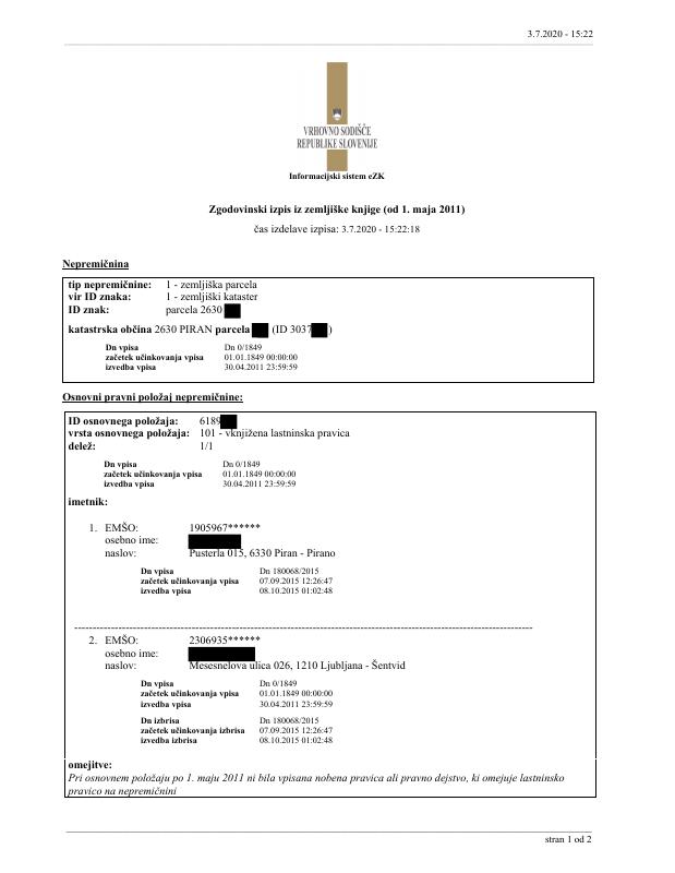 斯洛文尼亚土地登记提取文件 – Land Register Extract 高清PDF原件下载