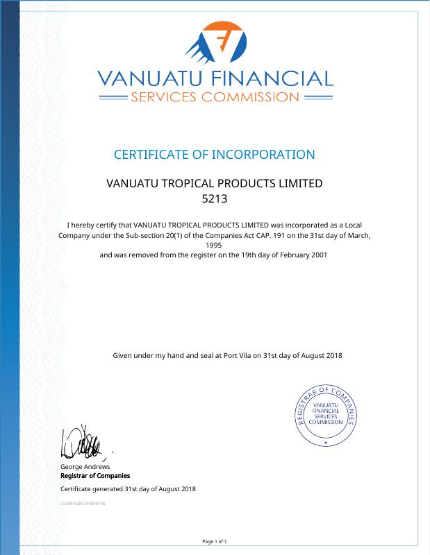 瓦努阿图 Vanuatu 公司注册证明文件 – 高清PDF原件下载
