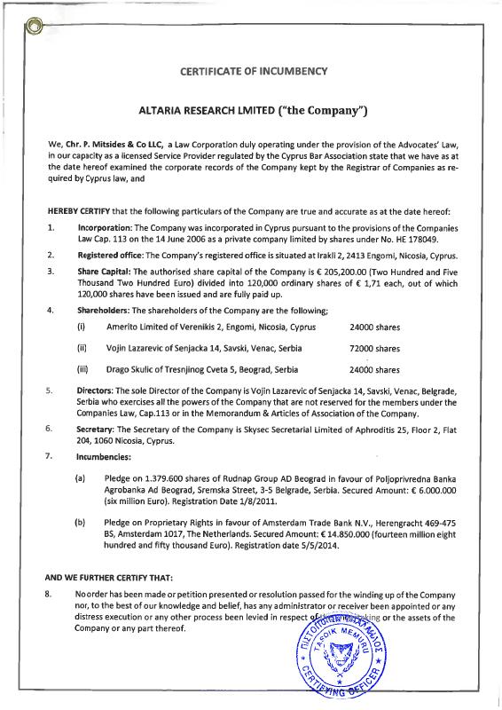 塞浦路斯 Certificate of Incumbency 文件原件PDF样本