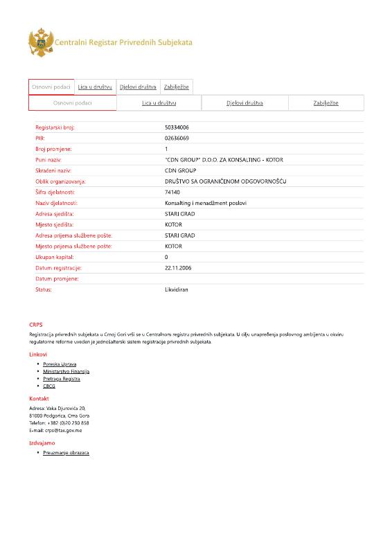 黑山共和国 Trade Register Extract 文件原件PDF样本 高清原件/PDF/PSD下载 - 地址证明风控解除