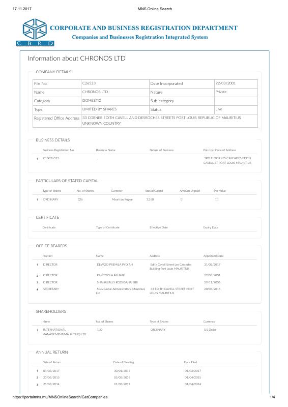 毛里求斯 CHRONOS LTD 公司注册信息提取 PDF 高清扫描件 高清原件/PDF/PSD下载 - 地址证明风控解除