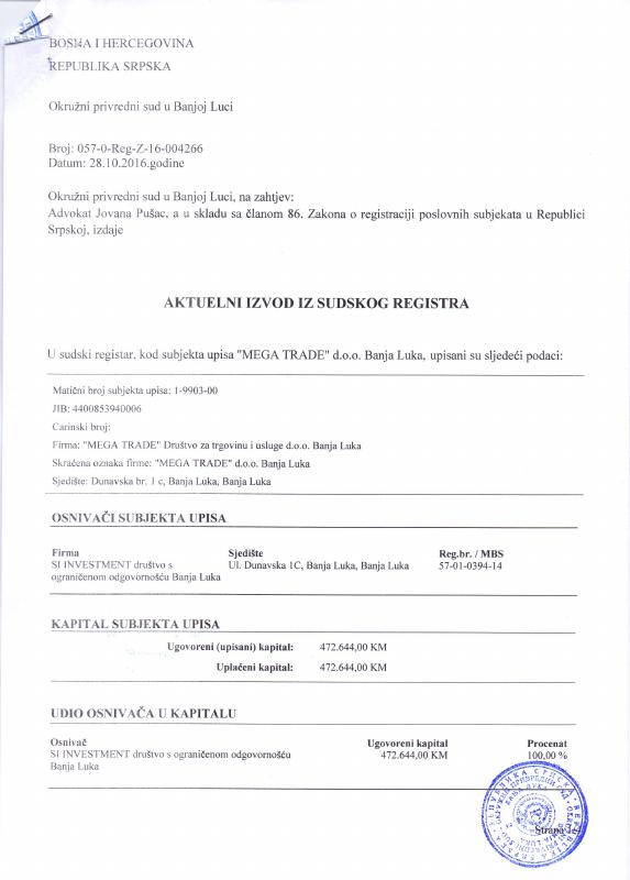 波斯尼亚和黑塞哥维那贸易注册提取文件原件PDF样本 高清原件/PDF/PSD下载 - 地址证明风控解除