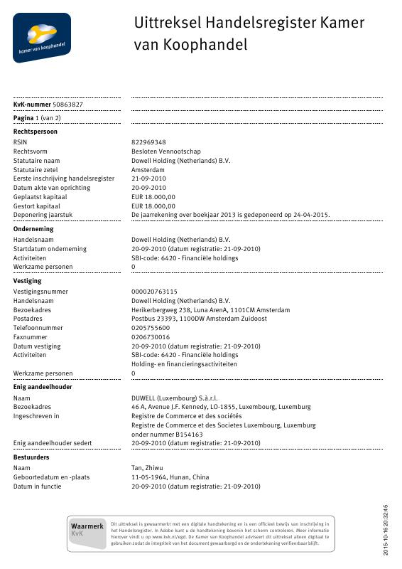 荷兰 Handelsregister 原件PDF样本下载 – Dowell Holding (Netherlands) B.V. 真实模板 高清原件/PDF/PSD下载 - 地址证明风控解除