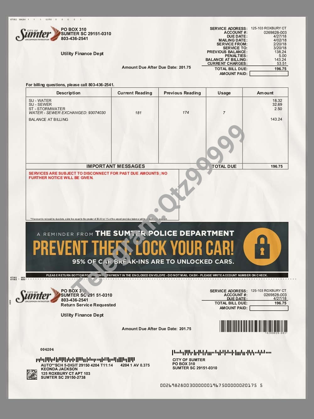 USA South Carolina Sumter Water Bill美国南卡罗莱纳水费账单PS/PSD模板 高清原件/PDF/PSD下载 - 地址证明风控解除