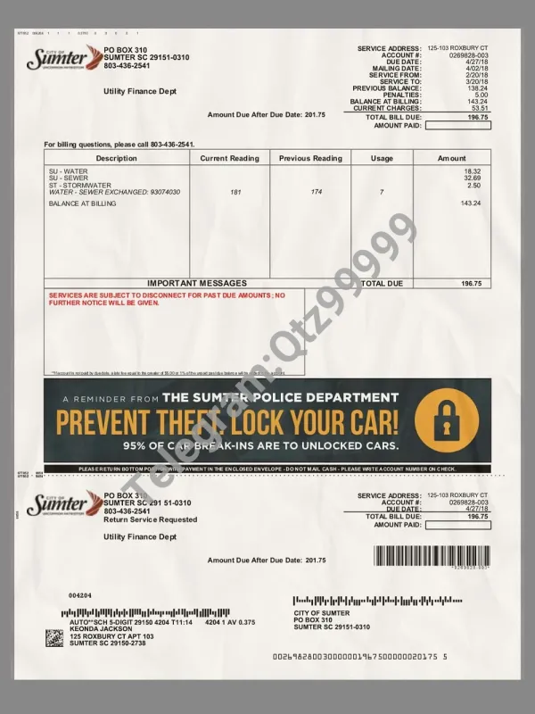 USA South Carolina Sumter Water Bill美国南卡罗莱纳水费账单PS/PSD模板