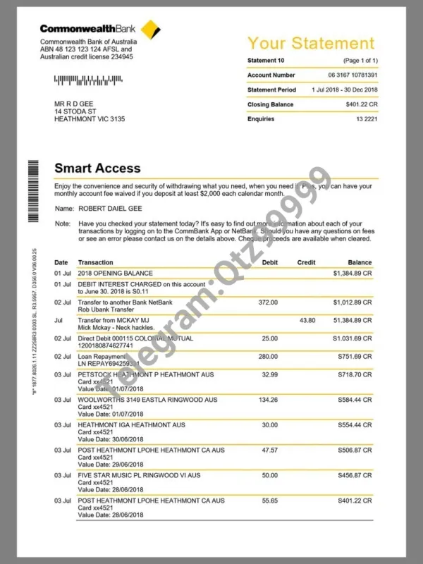 澳大利亚Commonwealth Bank Statement银行账单/KYC地址证明word模板