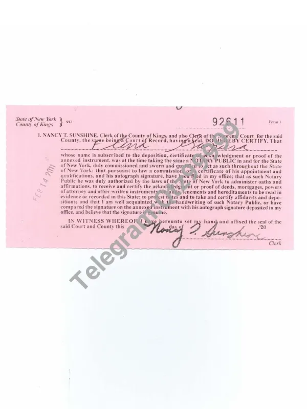 USA New York Notary Public Certificate of Acknowledgement纽约公证人确认书模板