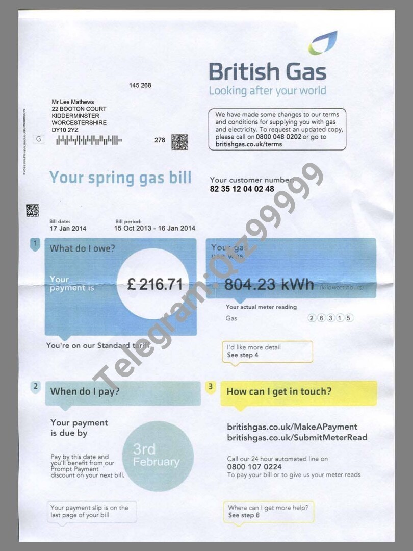 英国British Gas Utility Bills水电费账单/KYC地址证明psd模板 V2 高清原件/PDF/PSD下载 - 地址证明风控解除