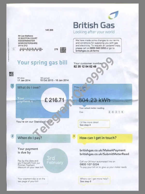 英国British Gas Utility Bills水电费账单/KYC地址证明psd模板 V2