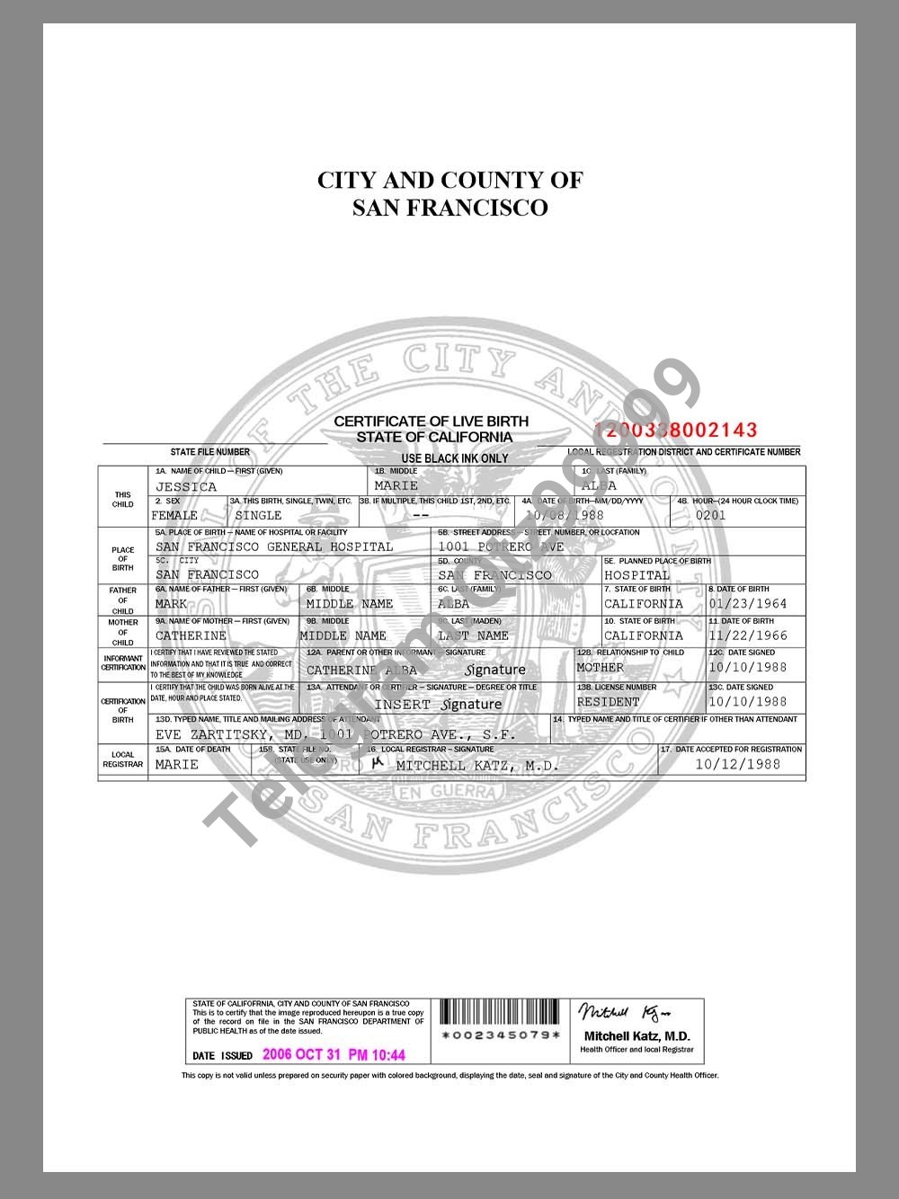 USA California San Francisco Birth Certificate美国加州旧金山出生证word模板 高清原件/PDF/PSD下载 - 地址证明风控解除