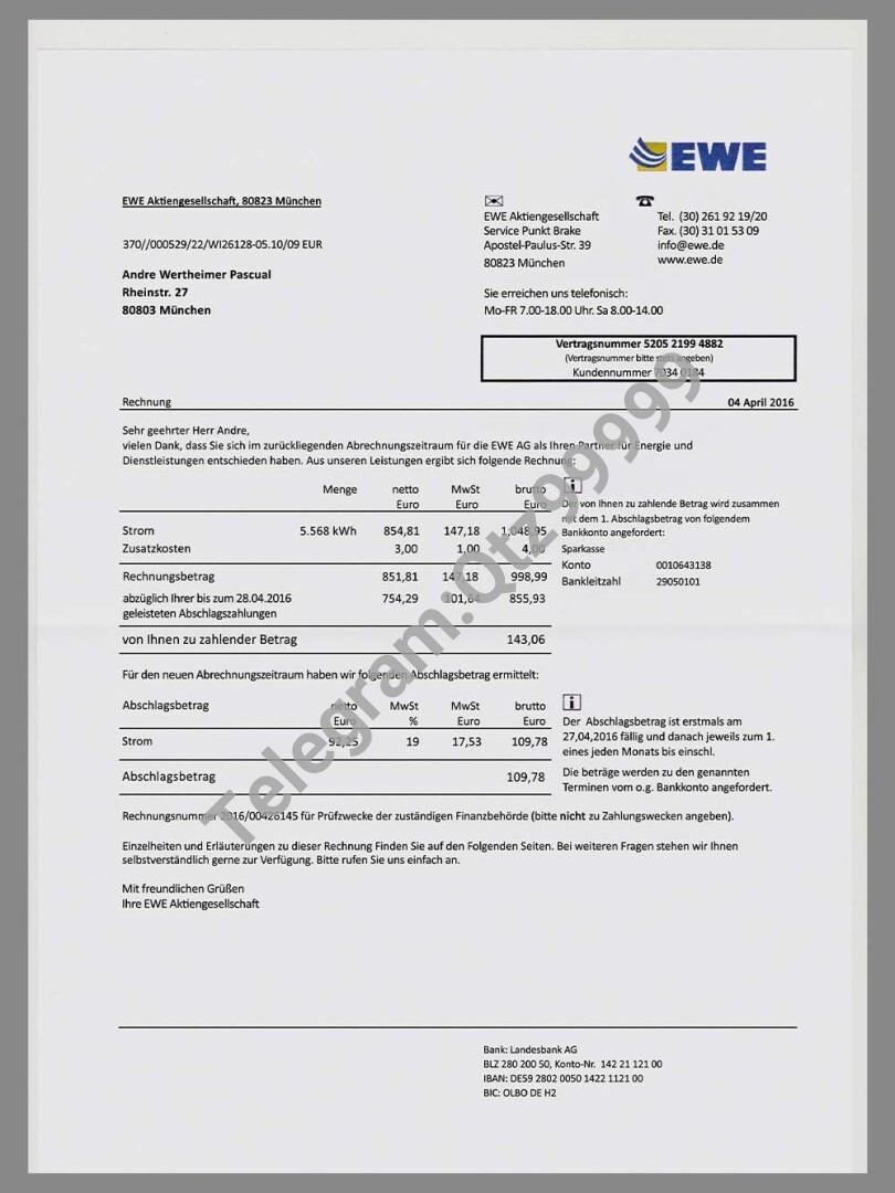 欧盟|Germany EWE Energy Utility Bills德国水电费账单PSD/PS模板 高清原件/PDF/PSD下载 - 地址证明风控解除