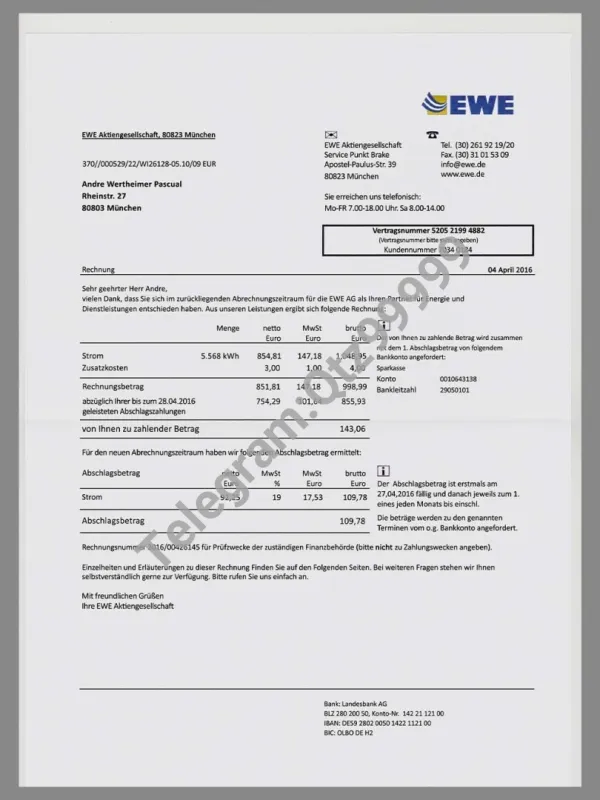 欧盟|Germany EWE Energy Utility Bills德国水电费账单PSD/PS模板