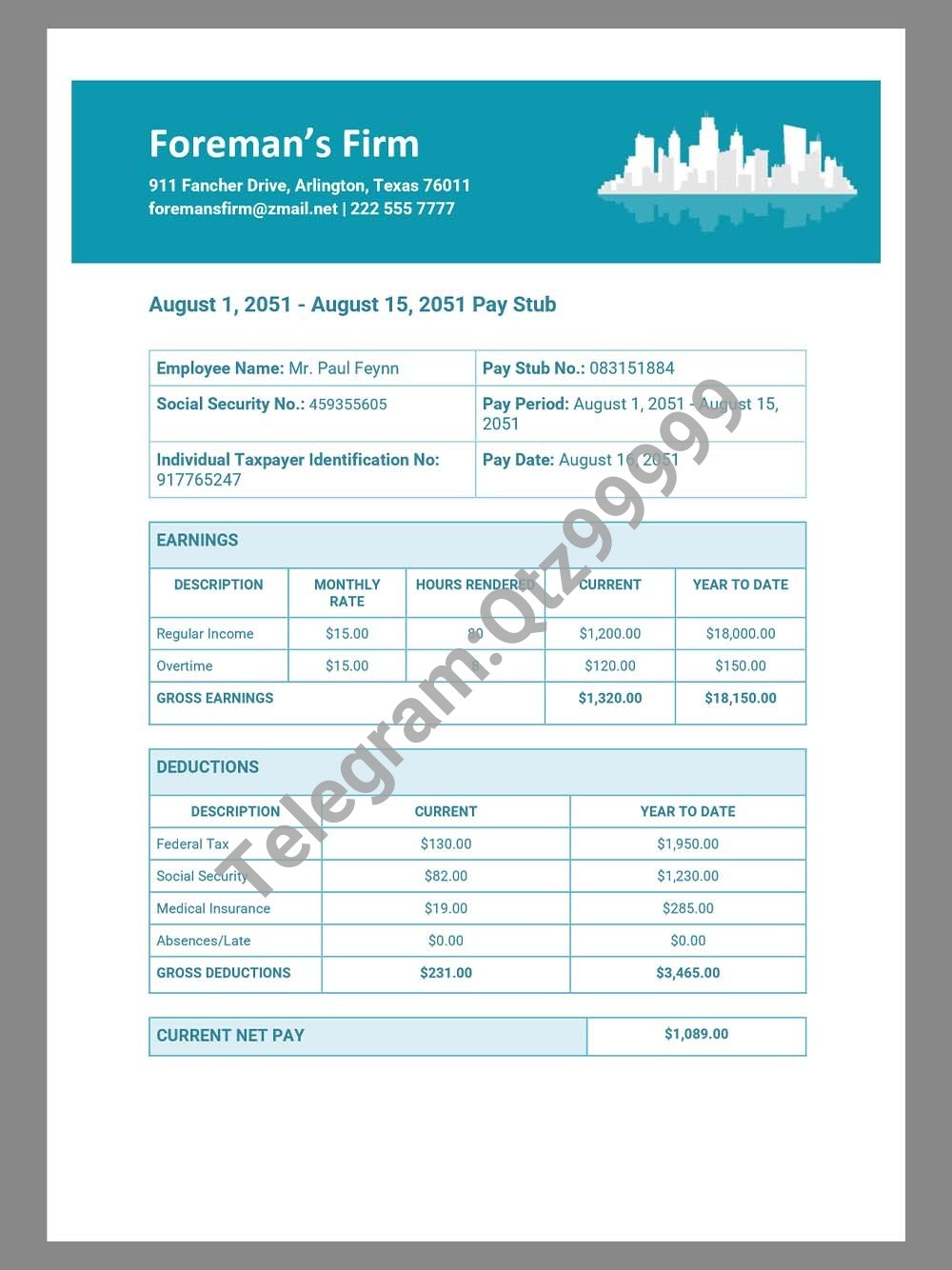 Foreman’s Firm Paystub template北美建筑公司收入证明/工资账单Word模板 高清原件/PDF/PSD下载 - 地址证明风控解除