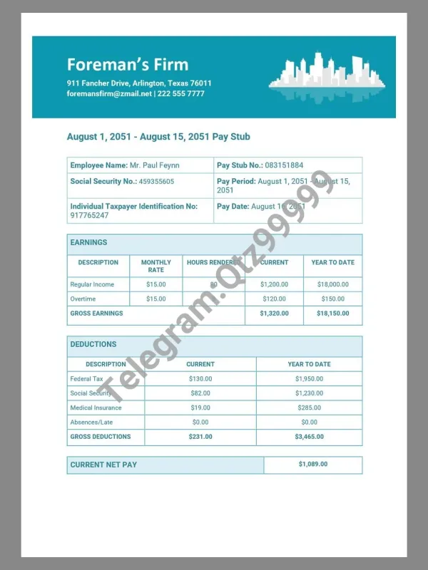 Foreman’s Firm Paystub template北美建筑公司收入证明/工资账单Word模板