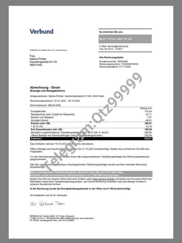 Austria Verbund Energy Utility Bill奥地利水电费账单pdf模板