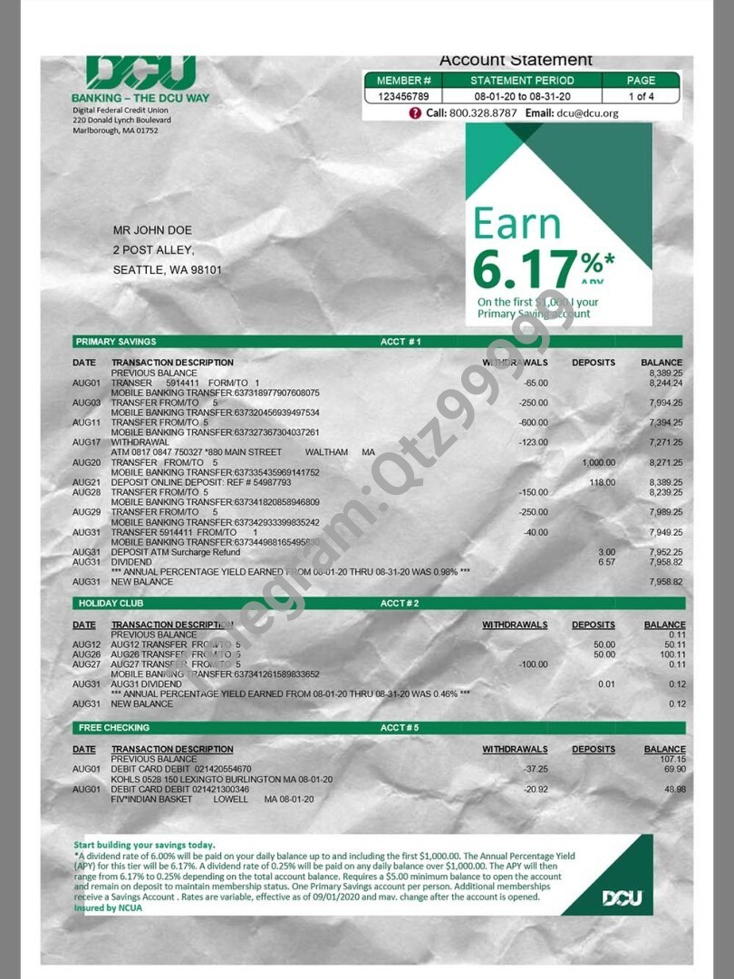 美国DCU Bank Statement银行账单/KYC地址证明word模板