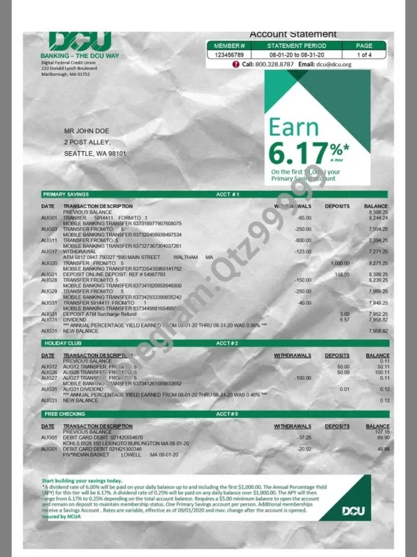 美国DCU Bank Statement银行账单/KYC地址证明word模板