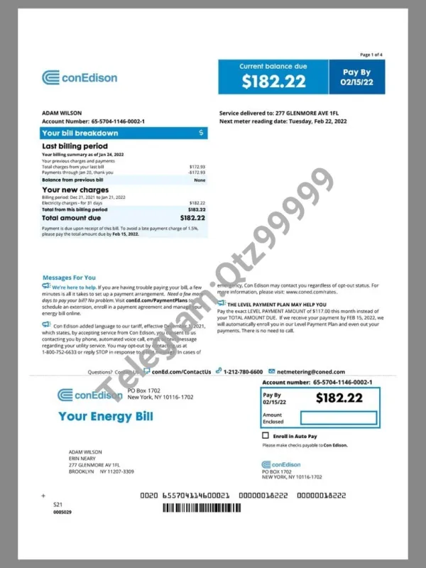 USA New York ConEdison Energy Utility Bill美国纽约水电费账单word/pdf模板