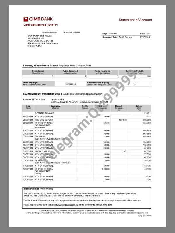 东南亚|Malaysia CIMB Bank Statement马来西亚银行账单pdf模板
