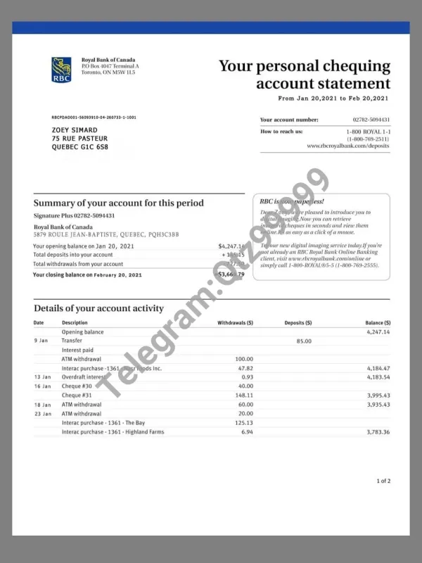 Royal Bank of Canada Statement加拿大皇家银行账单PS/PSD模板