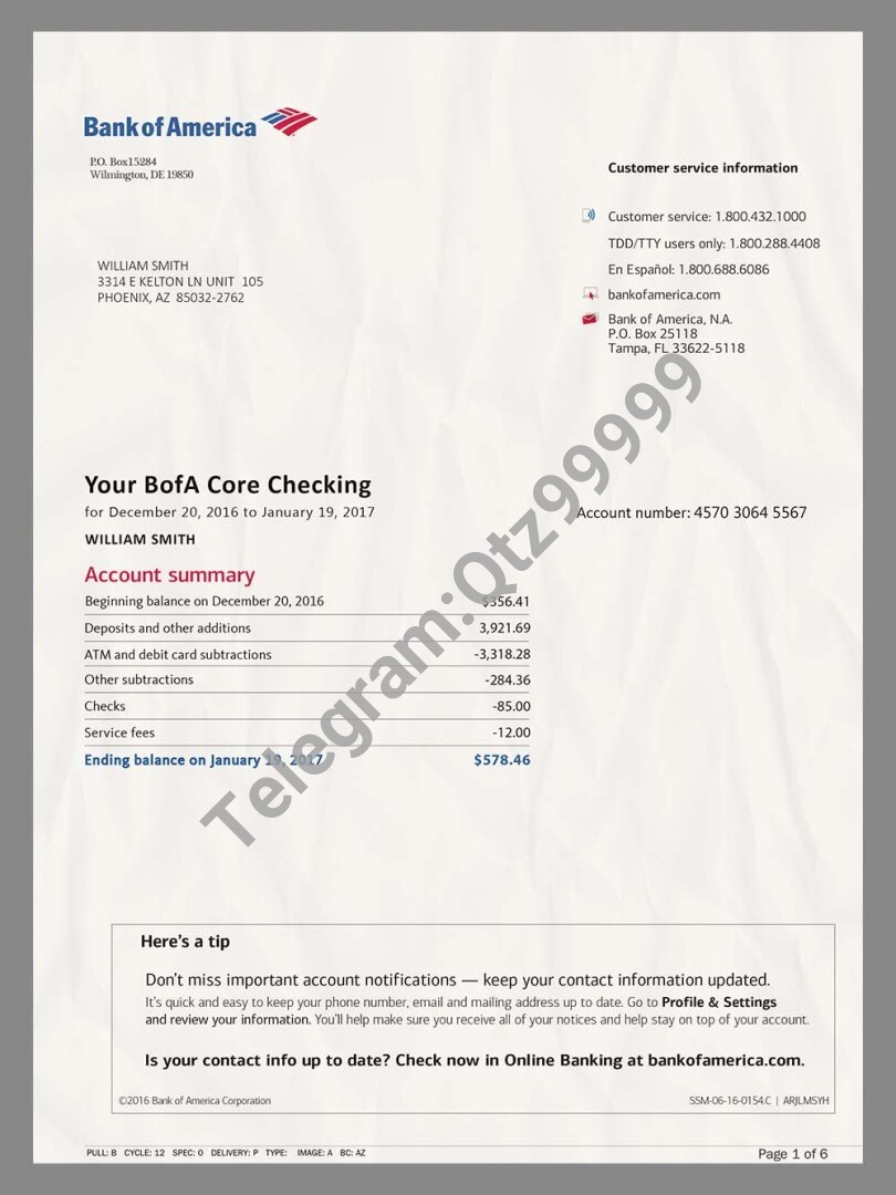 Bank Of America Statement V3美国银行账单/KYC地址证明psd模板 高清原件/PDF/PSD下载 - 地址证明风控解除