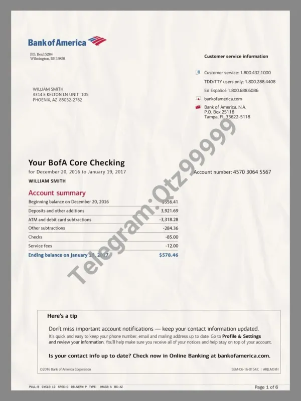 Bank Of America Statement V3美国银行账单/KYC地址证明psd模板